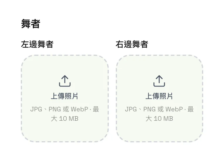 A2O LITE NEON AI 跳舞影片生成器的左右照片上傳欄位