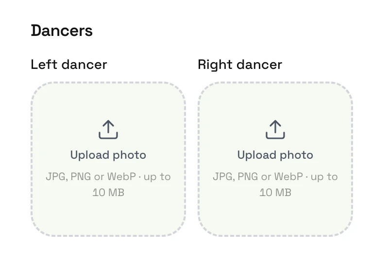Left and right photo upload slots in the A2O LITE NEON AI Dance Generator