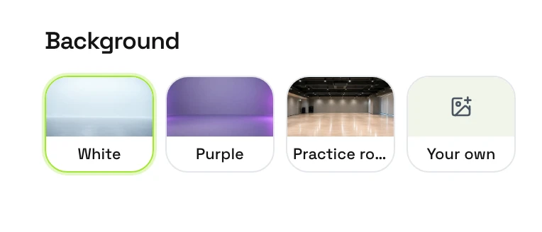 Background options in the A2O LITE NEON AI Dance Generator: White, Purple, Practice room and Your own
